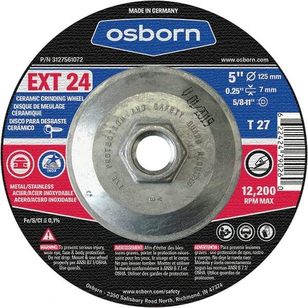 Osborn - 24 Grit, 5" Wheel Diam, 1/4" Wheel Thickness, Type 27 Depressed Center Wheel - Coarse Grade, Ceramic, 12,225 Max RPM - Industrial Tool & Supply