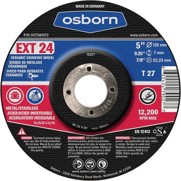 Osborn - 24 Grit, 5" Wheel Diam, 1/4" Wheel Thickness, 7/8" Arbor Hole, Type 27 Depressed Center Wheel - Coarse Grade, Ceramic, 12,225 Max RPM - Industrial Tool & Supply