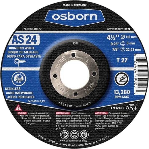 Osborn - 24 Grit, 4-1/2" Wheel Diam, 1/4" Wheel Thickness, 7/8" Arbor Hole, Type 27 Depressed Center Wheel - Coarse Grade, Aluminum Oxide, 13,280 Max RPM - Industrial Tool & Supply