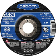Osborn - 24 Grit, 4-1/2" Wheel Diam, 1/4" Wheel Thickness, 7/8" Arbor Hole, Type 27 Depressed Center Wheel - Coarse Grade, Aluminum Oxide, 13,280 Max RPM - Industrial Tool & Supply