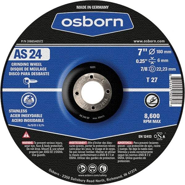 Osborn - 24 Grit, 7" Wheel Diam, 1/4" Wheel Thickness, 7/8" Arbor Hole, Type 27 Depressed Center Wheel - Coarse Grade, Aluminum Oxide, 8,600 Max RPM - Industrial Tool & Supply