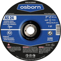 Osborn - 24 Grit, 7" Wheel Diam, 1/4" Wheel Thickness, 7/8" Arbor Hole, Type 27 Depressed Center Wheel - Coarse Grade, Aluminum Oxide, 8,600 Max RPM - Industrial Tool & Supply