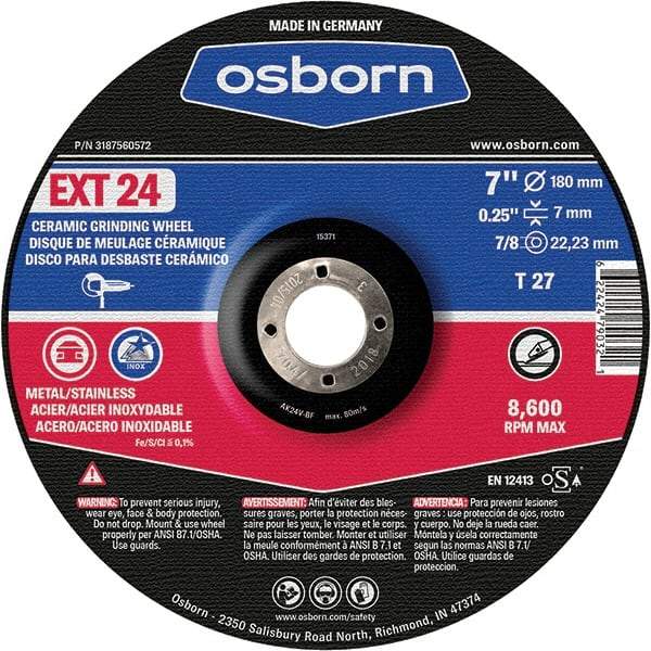 Osborn - 24 Grit, 7" Wheel Diam, 1/4" Wheel Thickness, 7/8" Arbor Hole, Type 27 Depressed Center Wheel - Coarse Grade, Ceramic, 8,600 Max RPM - Industrial Tool & Supply