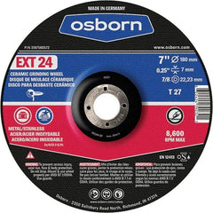 Osborn - 24 Grit, 7" Wheel Diam, 1/4" Wheel Thickness, 7/8" Arbor Hole, Type 27 Depressed Center Wheel - Coarse Grade, Ceramic, 8,600 Max RPM - Industrial Tool & Supply