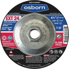 Osborn - 24 Grit, 4-1/2" Wheel Diam, 1/4" Wheel Thickness, Type 27 Depressed Center Wheel - Coarse Grade, Ceramic, 13,280 Max RPM - Industrial Tool & Supply