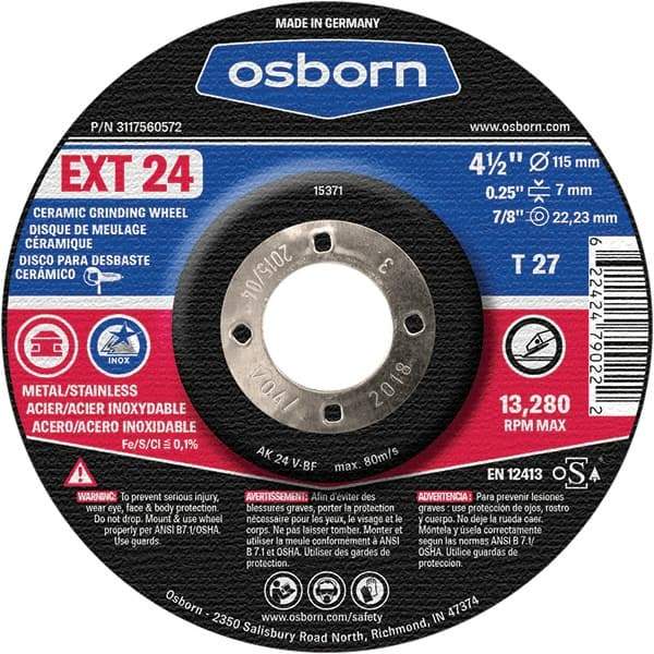 Osborn - 24 Grit, 4-1/2" Wheel Diam, 1/4" Wheel Thickness, 7/8" Arbor Hole, Type 27 Depressed Center Wheel - Coarse Grade, Ceramic, 13,280 Max RPM - Industrial Tool & Supply