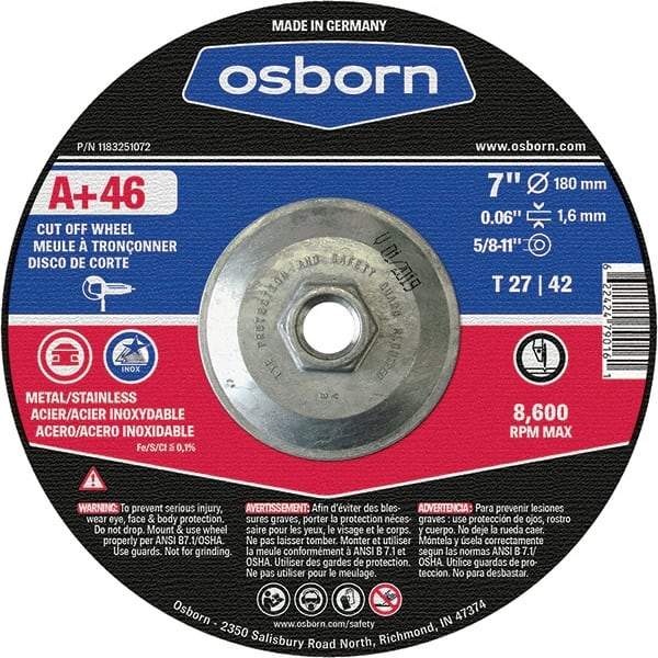 Osborn - 7" 46 Grit Aluminum Oxide Cutoff Wheel - 0.06" Thick, 5/8-11 Arbor, Use with Angle Grinders - Industrial Tool & Supply