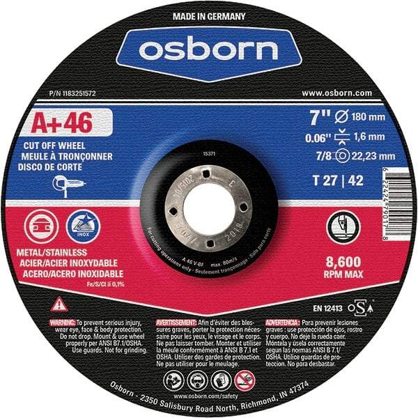 Osborn - 7" 46 Grit Aluminum Oxide Cutoff Wheel - 0.06" Thick, 7/8" Arbor, Use with Angle Grinders - Industrial Tool & Supply