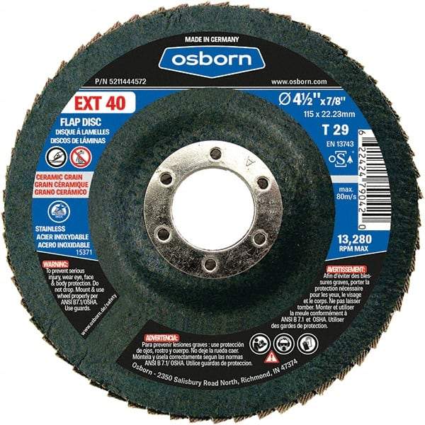 Osborn - 40 Grit, 4-1/2" Disc Diam, 7/8" Center Hole, Type 29 Ceramic Flap Disc - 13,280 Max RPM, Fiberglass Backing, Arbor Attaching System, Coated - Industrial Tool & Supply