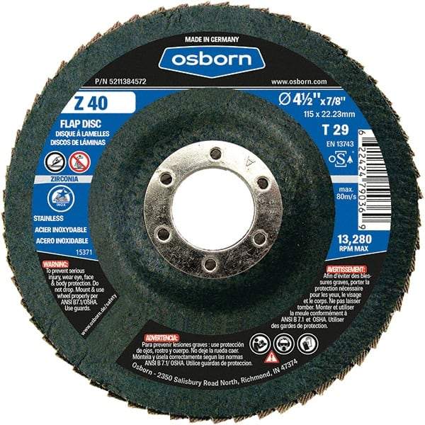 Osborn - 40 Grit, 4-1/2" Disc Diam, 7/8" Center Hole, Type 29 Zirconia Alumina Flap Disc - 13,280 Max RPM, Fiberglass Backing, Arbor Attaching System, Coated - Industrial Tool & Supply
