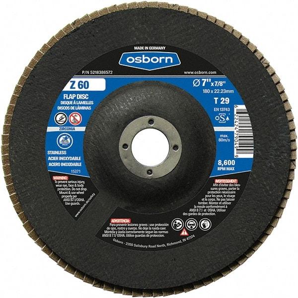 Osborn - 60 Grit, 7" Disc Diam, 7/8" Center Hole, Type 29 Zirconia Alumina Flap Disc - 8,600 Max RPM, Fiberglass Backing, Arbor Attaching System, Coated - Industrial Tool & Supply