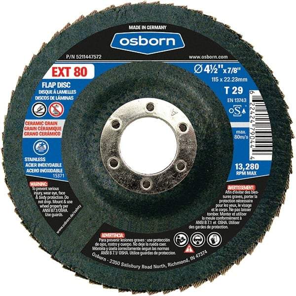 Osborn - 80 Grit, 4-1/2" Disc Diam, 7/8" Center Hole, Type 29 Ceramic Flap Disc - 13,280 Max RPM, Fiberglass Backing, Arbor Attaching System, Coated - Industrial Tool & Supply