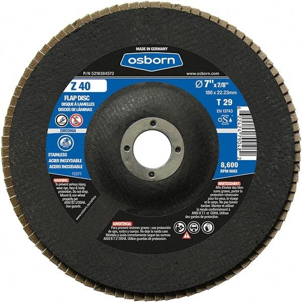 Osborn - 40 Grit, 7" Disc Diam, 7/8" Center Hole, Type 29 Zirconia Alumina Flap Disc - 8,600 Max RPM, Fiberglass Backing, Arbor Attaching System, Coated - Industrial Tool & Supply
