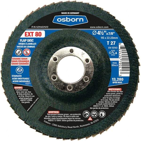 Osborn - 80 Grit, 4-1/2" Disc Diam, 7/8" Center Hole, Type 27 Ceramic Flap Disc - 13,280 Max RPM, Fiberglass Backing, Arbor Attaching System, Coated - Industrial Tool & Supply