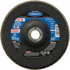 Osborn - 60 Grit, 7" Disc Diam, 7/8" Center Hole, Type 27 Ceramic Flap Disc - 8,600 Max RPM, Fiberglass Backing, Arbor Attaching System, Coated - Industrial Tool & Supply