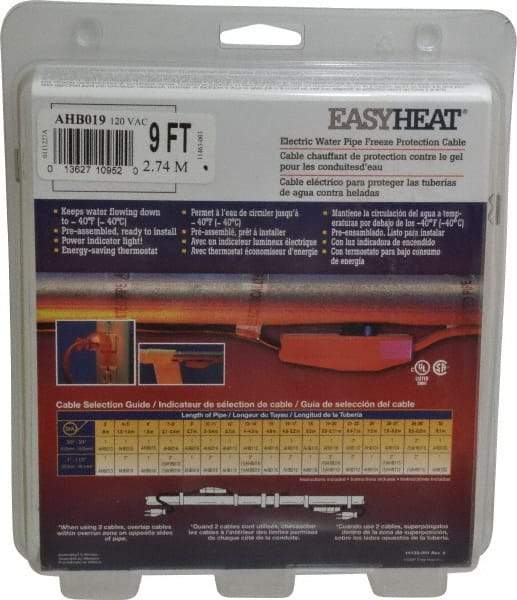 EasyHeat - 9' Long, Preassembled, Fixed Length, Fixed Wattage, Protection Heat Cable - 120 Input Volts, 63 Watts - Industrial Tool & Supply