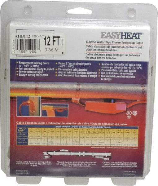 EasyHeat - 12' Long, Preassembled, Fixed Length, Fixed Wattage, Protection Heat Cable - 120 Input Volts, 84 Watts - Industrial Tool & Supply