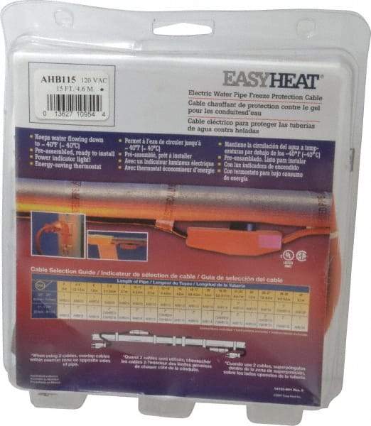 EasyHeat - 15' Long, Preassembled, Fixed Length, Fixed Wattage, Protection Heat Cable - 120 Input Volts, 105 Watts - Industrial Tool & Supply