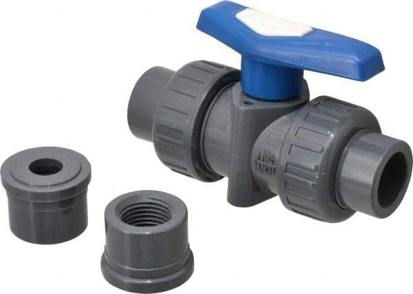 Simtech - 1/2" Pipe, Full Port, PVC True Union Design Ball Valve - Inline - Two Way Flow, FNPT x FNPT (with Socket Adapter) Ends, Tee Handle, 232 WOG - Industrial Tool & Supply