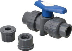 Simtech - 1/2" Pipe, Full Port, PVC True Union Design Ball Valve - Inline - Two Way Flow, FNPT x FNPT (with Socket Adapter) Ends, Tee Handle, 232 WOG - Industrial Tool & Supply