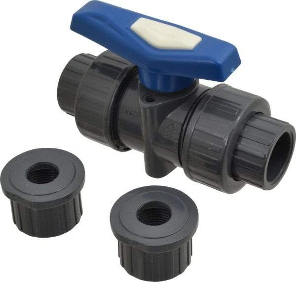 Simtech - 3/4" Pipe, Full Port, PVC True Union Design Ball Valve - Inline - Two Way Flow, FNPT x FNPT (with Socket Adapter) Ends, Tee Handle, 232 WOG - Industrial Tool & Supply