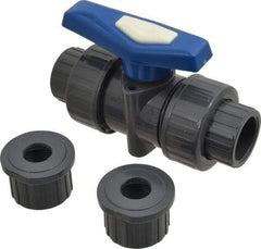 Simtech - 3/4" Pipe, Full Port, PVC True Union Design Ball Valve - Inline - Two Way Flow, FNPT x FNPT (with Socket Adapter) Ends, Tee Handle, 232 WOG - Industrial Tool & Supply