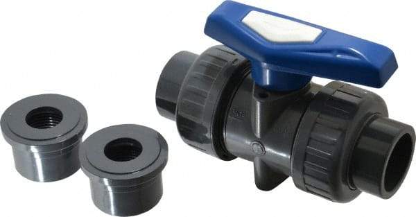 Simtech - 1" Pipe, Full Port, PVC True Union Design Ball Valve - Inline - Two Way Flow, FNPT x FNPT (with Socket Adapter) Ends, Tee Handle, 232 WOG - Industrial Tool & Supply