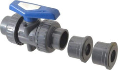Simtech - 1-1/4" Pipe, Full Port, PVC True Union Design Ball Valve - Inline - Two Way Flow, FNPT x FNPT (with Socket Adapter) Ends, Tee Handle, 232 WOG - Industrial Tool & Supply