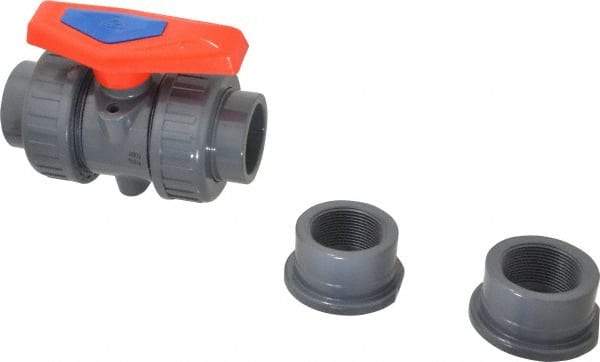 Simtech - 1-1/2" Pipe, Full Port, PVC True Union Design Ball Valve - Inline - Two Way Flow, FNPT x FNPT (with Socket Adapter) Ends, Tee Handle, 232 WOG - Industrial Tool & Supply