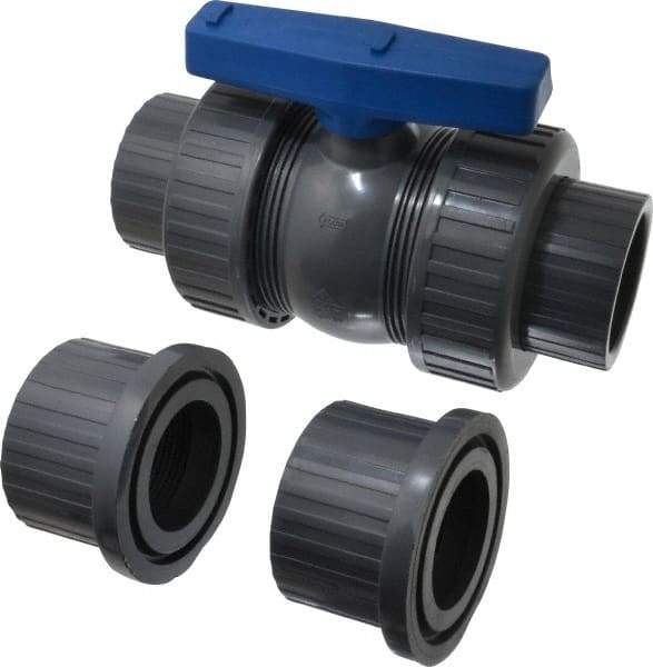 Simtech - 2-1/2" Pipe, Full Port, PVC True Union Design Ball Valve - Inline - Two Way Flow, FNPT x FNPT Ends, Tee Handle, 150 WOG - Industrial Tool & Supply