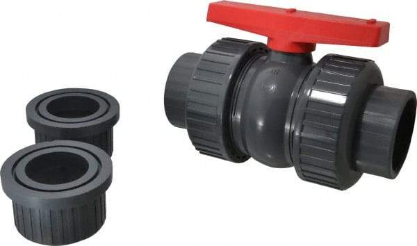 Simtech - 3" Pipe, Full Port, PVC True Union Design Ball Valve - Inline - Two Way Flow, FNPT x FNPT Ends, Tee Handle, 150 WOG - Industrial Tool & Supply