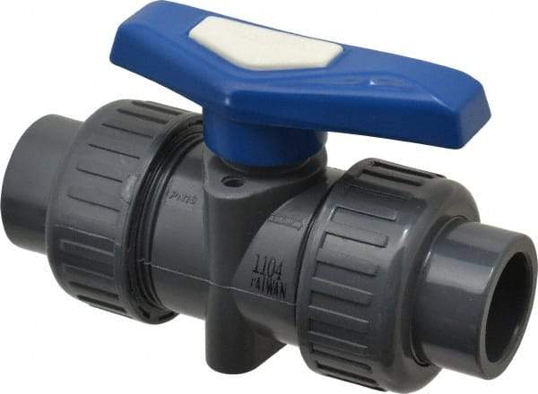 Simtech - 3/4" Pipe, Full Port, PVC True Union Design Ball Valve - Inline - Two Way Flow, FNPT x FNPT (with Socket Adapter) Ends, Tee Handle, 232 WOG - Industrial Tool & Supply