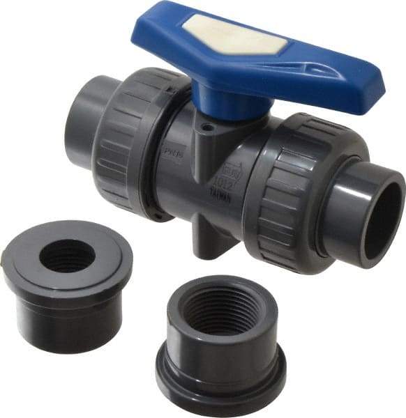 Simtech - 1" Pipe, Full Port, PVC True Union Design Ball Valve - Inline - Two Way Flow, FNPT x FNPT (with Socket Adapter) Ends, Tee Handle, 232 WOG - Industrial Tool & Supply