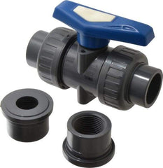 Simtech - 1" Pipe, Full Port, PVC True Union Design Ball Valve - Inline - Two Way Flow, FNPT x FNPT (with Socket Adapter) Ends, Tee Handle, 232 WOG - Industrial Tool & Supply