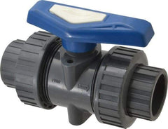 Simtech - 1-1/4" Pipe, Full Port, PVC True Union Design Ball Valve - Inline - Two Way Flow, FNPT x FNPT (with Socket Adapter) Ends, Tee Handle, 232 WOG - Industrial Tool & Supply