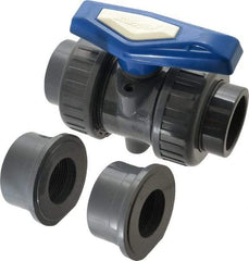 Simtech - 1-1/2" Pipe, Full Port, PVC True Union Design Ball Valve - Inline - Two Way Flow, FNPT x FNPT (with Socket Adapter) Ends, Tee Handle, 232 WOG - Industrial Tool & Supply