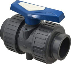 Simtech - 2" Pipe, Full Port, PVC True Union Design Ball Valve - Inline - Two Way Flow, FNPT x FNPT (with Socket Adapter) Ends, Tee Handle, 232 WOG - Industrial Tool & Supply