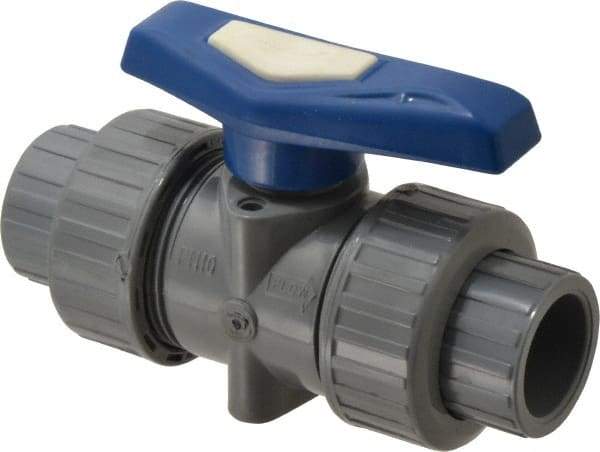 Simtech - 3/4" Pipe, Full Port, CPVC True Union Design Ball Valve - Inline - Two Way Flow, FNPT x FNPT (with Socket Adapter) Ends, Tee Handle, 232 WOG - Industrial Tool & Supply