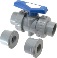 Simtech - 1-1/4" Pipe, Full Port, CPVC True Union Design Ball Valve - Inline - Two Way Flow, FNPT x FNPT (with Socket Adapter) Ends, Tee Handle, 232 WOG - Industrial Tool & Supply