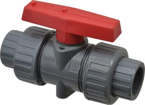 Simtech - 3/4" Pipe, Full Port, CPVC True Union Design Ball Valve - Inline - Two Way Flow, FNPT x FNPT (with Socket Adapter) Ends, Tee Handle, 232 WOG - Industrial Tool & Supply