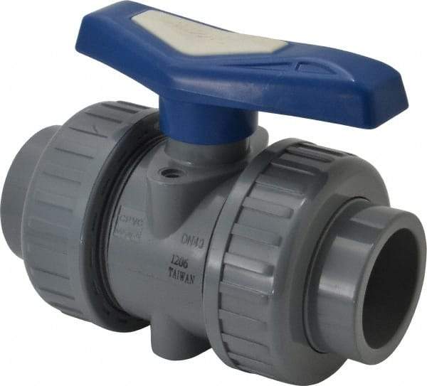 Simtech - 1-1/2" Pipe, Full Port, CPVC True Union Design Ball Valve - Inline - Two Way Flow, FNPT x FNPT (with Socket Adapter) Ends, Tee Handle, 232 WOG - Industrial Tool & Supply