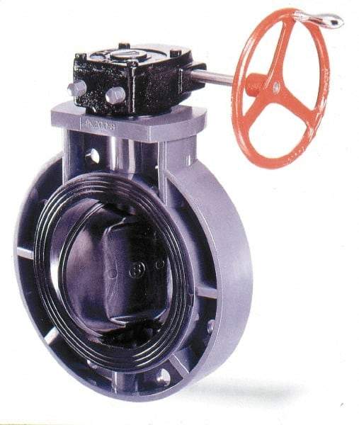 Simtech - 12" Pipe, Wafer Butterfly Valve - Gear Handle, PVDF Body, Viton Seat, 150 WOG, PVDF Disc, Stainless Steel Stem - Industrial Tool & Supply