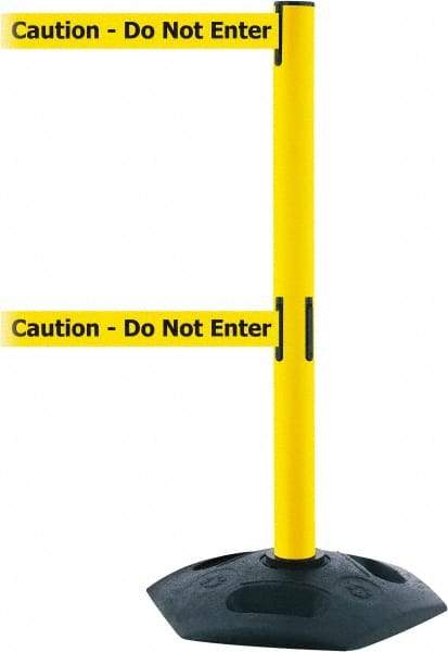 Tensator - 38" High, 2-1/2" Pole Diam, 4 Way Stanchion - 19" Base Diam, Octagon Recycled Rubber Base, Yellow Plastic Post, 13' x 2" Tape, Dual Line Tape, For Outdoor Use - Industrial Tool & Supply