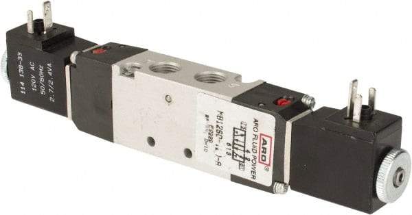 ARO/Ingersoll-Rand - 1/8" Inlet x 1/8" Outlet, Solenoid Actuator, Solenoid Return, 2 Position, Body Ported Solenoid Air Valve - 120 VAC Input, 0.7 CV, 4 Way, 115 psi, 122° Max Temp - Industrial Tool & Supply