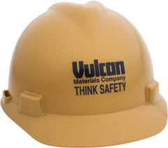 MSA - ANSI Type I, Class E Rated, 4-Point, Ratchet Adjustment Hard Hat - Size 6-1/2 to 8, Gold, Standard Brim, Vulcan - Industrial Tool & Supply