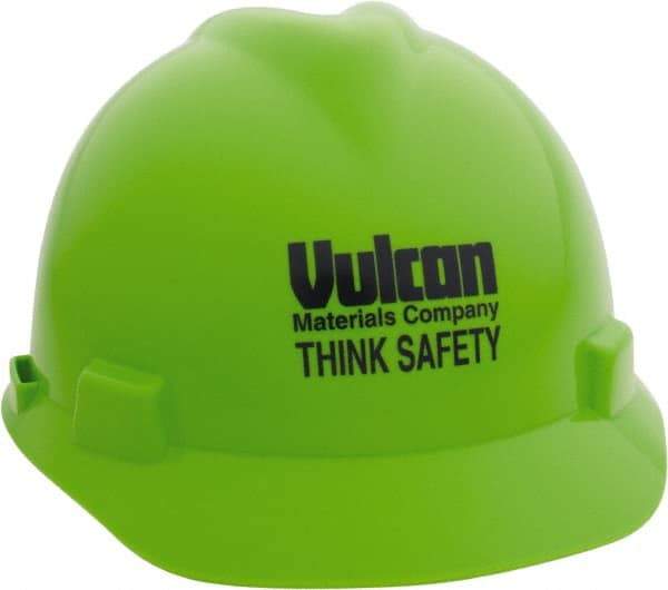 MSA - ANSI Type I, Class E Rated, 4-Point, Ratchet Adjustment Hard Hat - Size 6-1/2 to 8, Bright Lime Green, Standard Brim, Vulcan - Industrial Tool & Supply