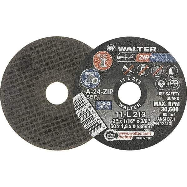 WALTER Surface Technologies - 2" 24 Grit Aluminum Oxide Cutoff Wheel - 1/16" Thick, 3/8" Arbor, 31,000 Max RPM, Use with Die Grinders - Industrial Tool & Supply