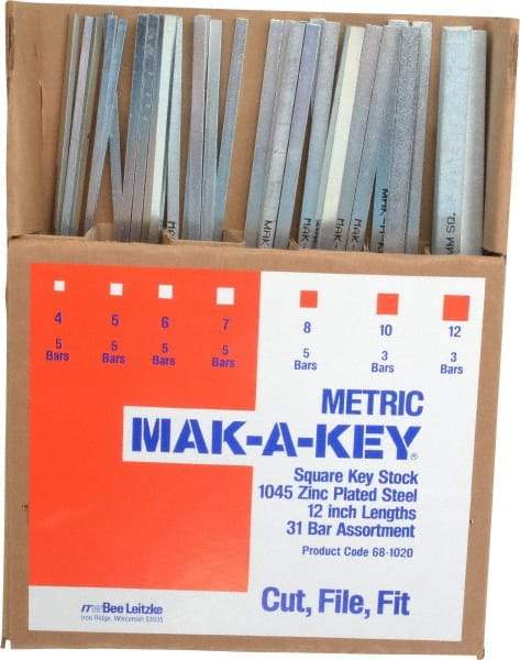Made in USA - 12" Long, Zinc-Plated Key Stock Assortment - C1045 Steel - Industrial Tool & Supply
