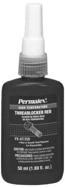 Permatex - 50 mL Bottle, Red, High Strength Liquid Threadlocker - Series 272, 24 hr Full Cure Time, Hand Tool, Heat Removal - Industrial Tool & Supply