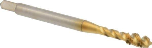 Balax - #4-40 UNC, 3 Flute, 45° Helix, Modified Bottoming Chamfer, TiN Finish, Spiral Flute STI Tap - Right Hand Flute, 1-7/8" OAL, 0.141" Shank Diam, 0.56" Thread Length - Exact Industrial Supply